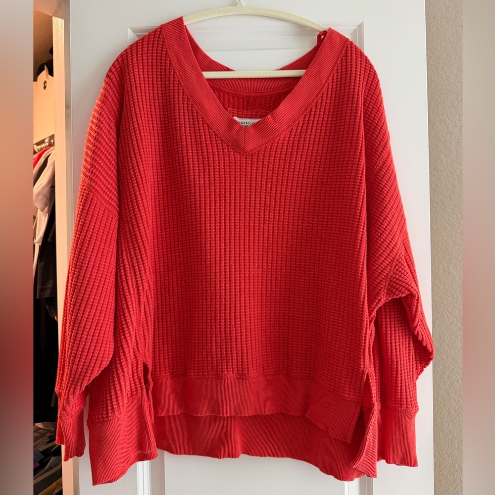 American Eagle Outfitters Red V-Neck Waffle Knit Sweater